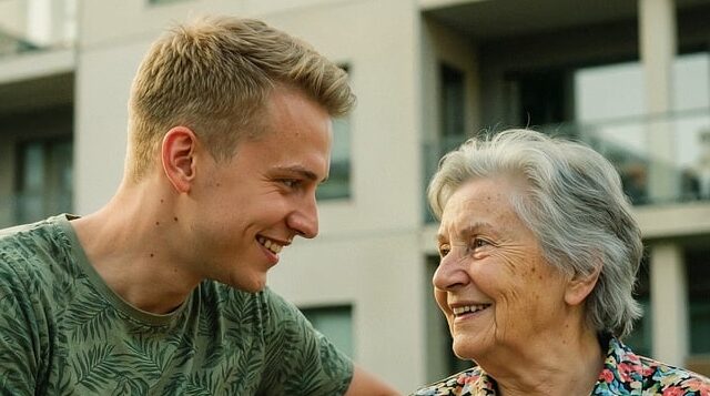 care, elderly, youth, smile, happiness, connection, togetherness, compassion, senior, support, love, outdoor, urban, family, kindness, joy, assistance, generations, relationship, empathy, ai generated